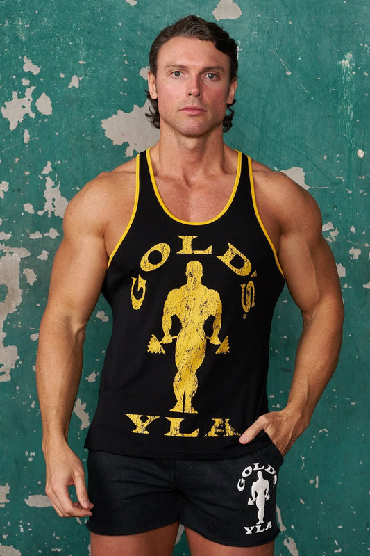 3014 - GOLDS GYM CLASSIC STRINGERS - NEGRO CON DETALLES EN AMARILLO