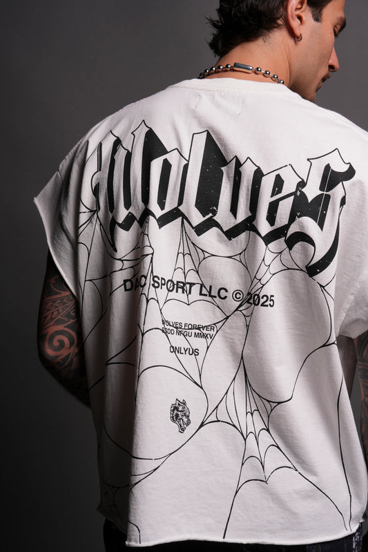 DARCSPORT - WOLVES WEB "GRUNGE" CUT OFF TEE IN CREAM