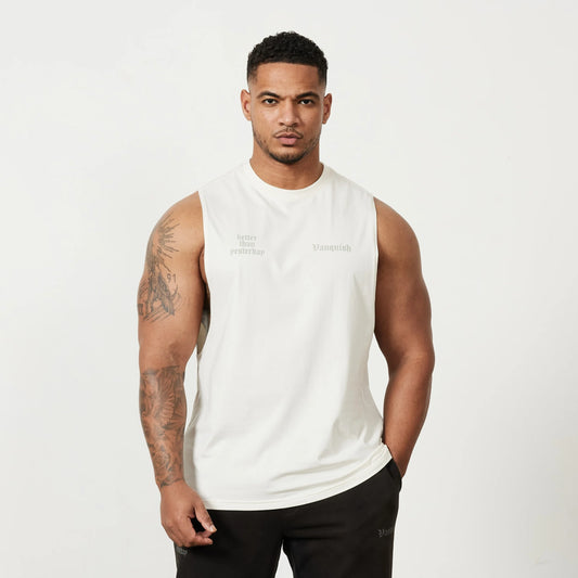 VANQUISH SUN-FADED VINTAGE WHITE OVERSIZED SLEEVELESS T SHIRT