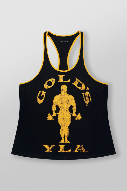 3014 - GOLDS GYM CLASSIC STRINGERS - NEGRO CON DETALLES EN AMARILLO